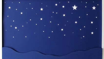Fototapeta premium serene night sky with twinkling stars is depicted in paper cut style, featuring deep blue background and wavy horizon. minimalist design evokes sense of calm and wonder