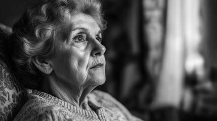 Obraz premium Senior woman reflecting in a cozy indoor space during a quiet afternoon, showcasing deep thought and tranquility