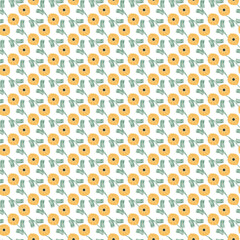 Seamless Pattern of Yellow Flowers With Green Leaves on White Background