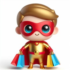 Cute character 3D image of a gold boy superhero wearing a red mask and red cloak, holding shopping bags on a white background