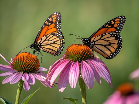 Vivid Scene of Two Monarch Butterflies Feeding on Purple Coneflowers in a Bright Garden