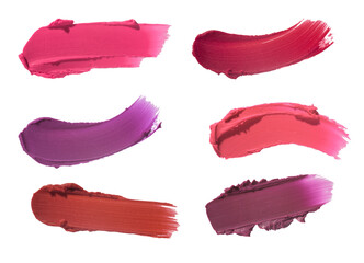Beauty texture smudge lipstick multi colored four colors coral nude blush, nude orange beige, coral smudge and fuchsia isolated on white background