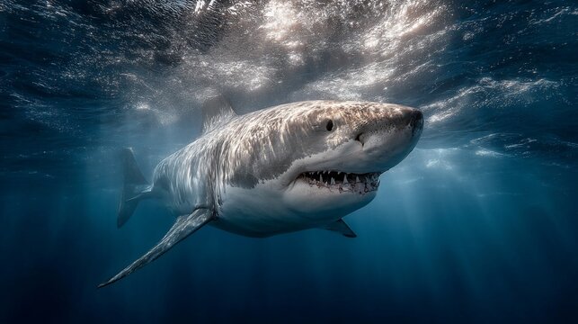 Great white shark underwater, powerful predatory stance
