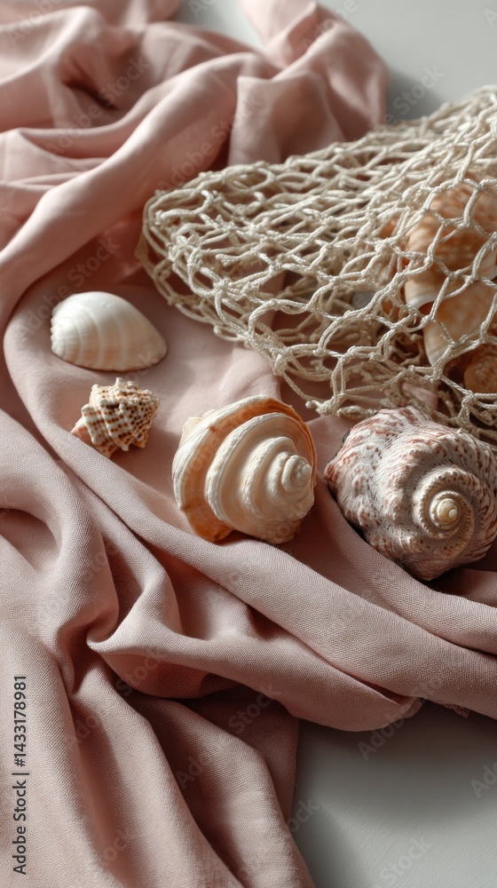 Poster A collection of beautiful seashells rests on delicate, soft fabric, intertwined with a fishing net, creating a calming atmosphere that evokes memories of the ocean during a warm afternoon