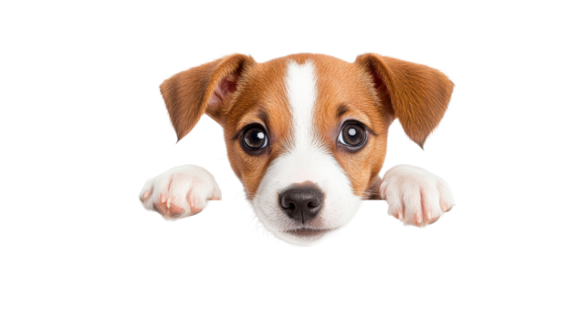 Cute puppy looking over a white surface at home