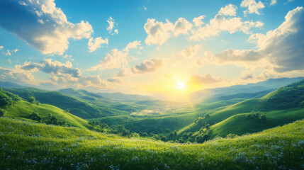Fototapeta premium Vibrant scenic landscape with rolling green hills lush grass blooming flowers under a bright sunny sky with dramatic clouds at sunrise or sunset