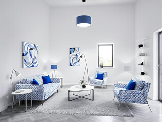 modern living room interior with blue and white geometric patterned sofa and chairs