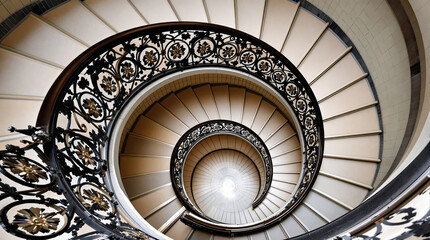 Fototapeta premium elegant spiral staircase with intricate metalwork and beige palette