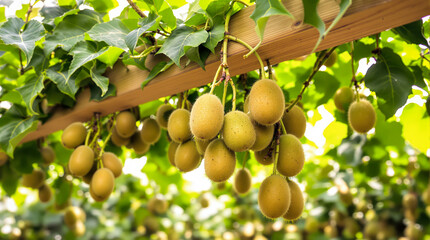 ripe golden kiwi fruits hanging on a vine in a sunny orchard