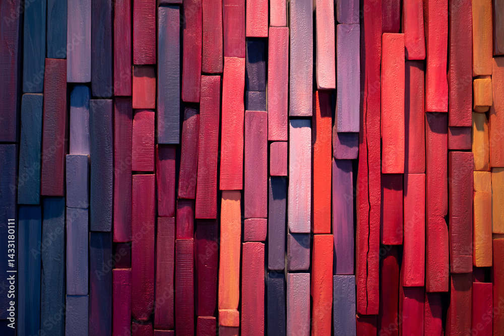 Aufkleber Abstract image of painted wood blocks in various shades of red, purple, and orange, creating a textured surface suitable for background or design element