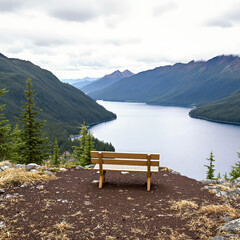 wooden bench overlooking serene mountain lake