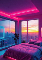 , futuristic design, city view, skyline, luxury apartment,