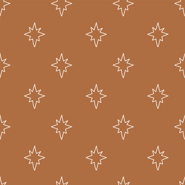 Seamless pattern with geometric star on warm brown background. Hand drawn vector illustration for wrapping paper, textile, fabric.