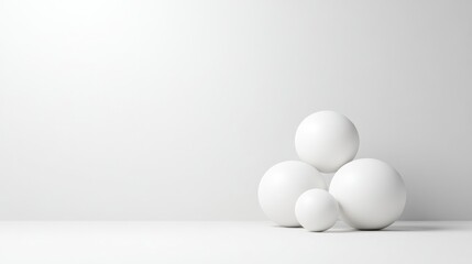 White Spheres Minimalist Composition, Soft Lighting, High Resolution, Centered Still Life, Smooth Surfaces, Balanced Arrangement, Studio Setting, Pure White Palette, Ideal for Product Mockups