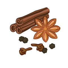 cinnamon set of spices colored, illustration, hand drawn