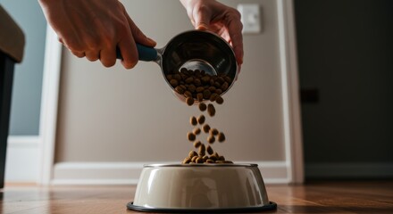 Photorealistic low angle shot from the perspective of the pet's food bowl on the floor, looking up as hands pour the dry kibble from the scoop into the ceramic bowl