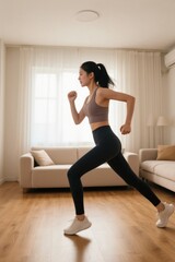 woman running in a living room with a couch and a window