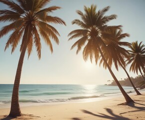 Obraz premium Sun-drenched beach, vintage film grain, palm trees sway gently, photography, retro