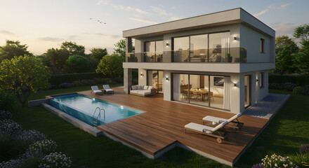 Obraz premium Modern Two-Story House with Pool: Evening Serenity Architectural Design