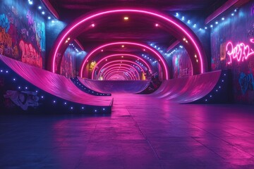 Neon Skatepark Tunnel, Graffiti Walls, Night