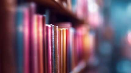 Bookshelf with Colorful Books and Soft Background Light Creates Cozy Atmosphere