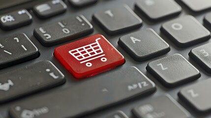 Red shopping cart button on black computer keyboard, highlighting online retail and ecommerce functionality for business websites and digital stores.
