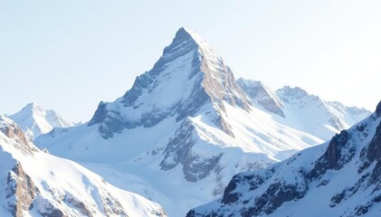 Fototapeta premium Snow-covered mountain peak against bright white sky, peaceful, alpine