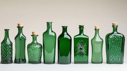 A collection of green glass bottles in varying shades, arranged symmetrically with soft backlighting