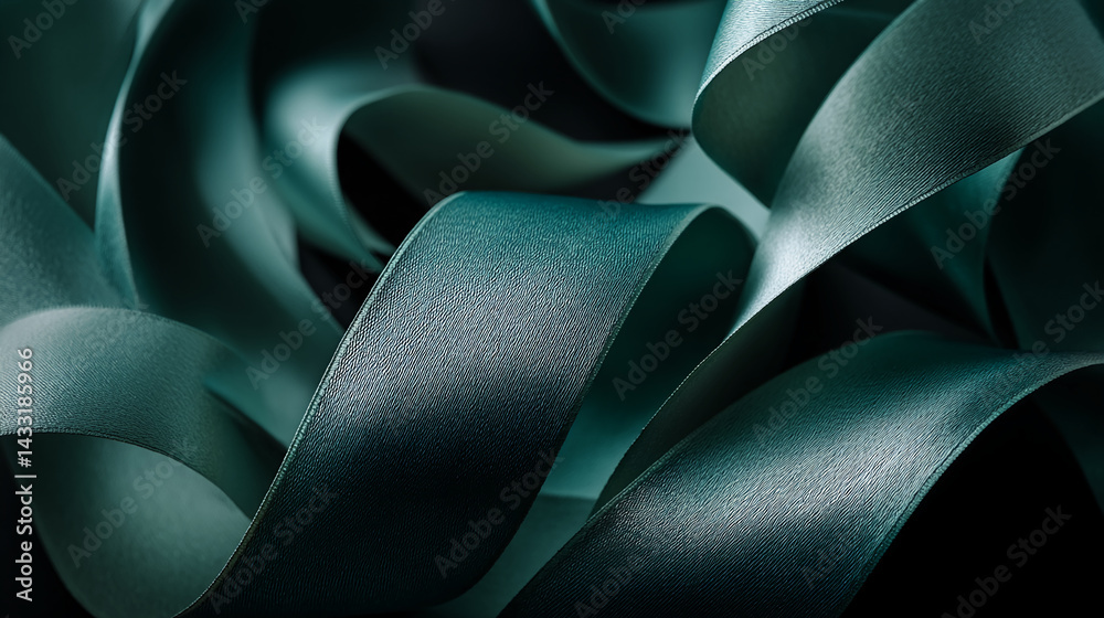 Poster close-up of teal satin ribbon texture, showing smooth curves and subtle sheen, suggesting elegance a