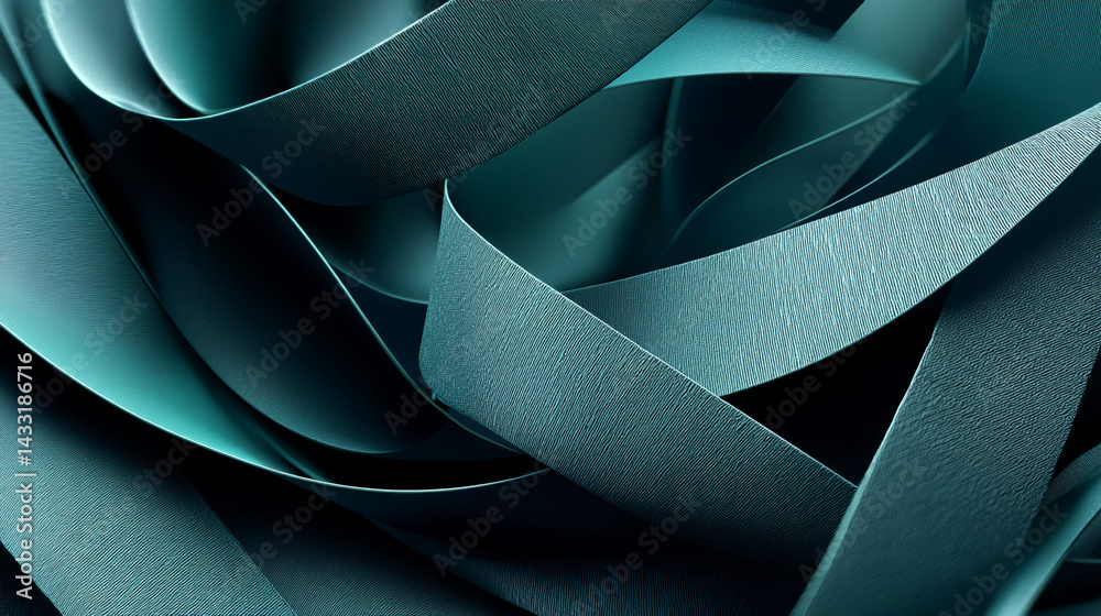 Poster Abstract image of teal, textured ribbons, interwoven in a complex pattern, creating a sense of depth and movement, suitable for design backgrounds