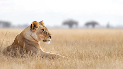 Naklejka premium Majestic lioness resting peacefully in the golden grassland of the savanna du daytime, showcasing wildlife, wilderness, and natural habitat of Africa