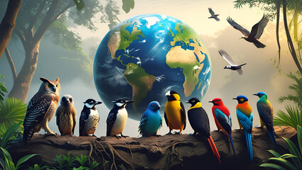 world globe with Different types of birds  World national Bird Day, specifically World Migratory Bird Day concept abstract banner art