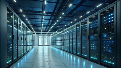Illuminated server room in a high-tech data center. (Bigdata)