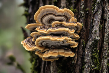 close-up view of a trametes versicolor mushroom cluster on tree bark showcasing its layered texture and vibrant bands