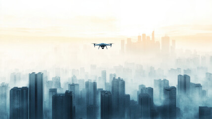 Fototapeta premium Drone Flying Over a Modern City Skyline Du Sunrise with Tall Skyscrapers and Misty Atmosphere Creating an Urban Aerial Perspective