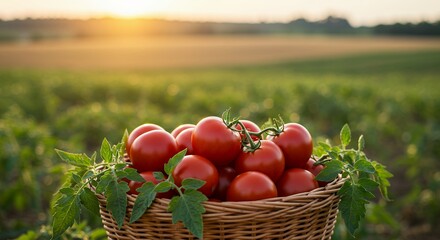 Fresh tomatoes in basket at sunset field