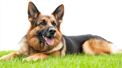 Happy German Shepherd lying on green grass in a bright outdoor setting with a cheerful expression and alert ears, showcasing a friendly and playful demeanor
