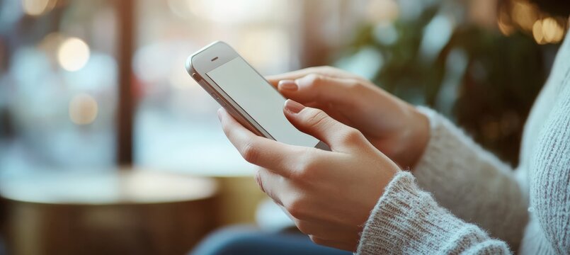 There is an individual who is seated at a table while using a cell phone - Powered by Adobe