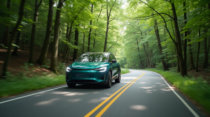 Obraz premium EV car, Electric car or hydrogen energy car on road midst forest and natural. Environmental friendly travel.