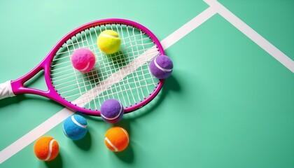 Colorful tennis balls scattered around a racket on a green court surface during a training session