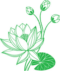 Green Lotus Flower Line Art: Delicate and intricate line art of a green lotus flower with buds, evoking a sense of peace and serenity. The illustration features a single lotus bloom and three buds.