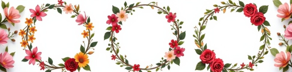 Naklejka premium Intricate floral wreaths surrounding circular frames , swirl designs, decorative elements