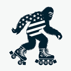 Fototapeta premium bigfoot wear american flag play roller skate. Funny Animal Vector Clip art. Sasquatch garb usa banner frolic enjoy quad skate recreation.