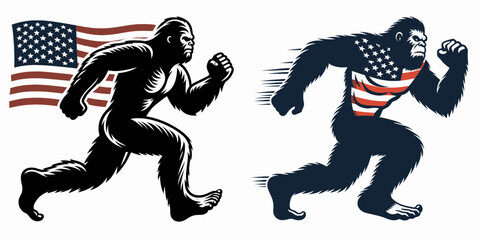 Fototapeta premium bigfoot wear american flag running. Funny Animal Vector Clip art. Legendary creature don attire stars and stripes sprint gear motion.