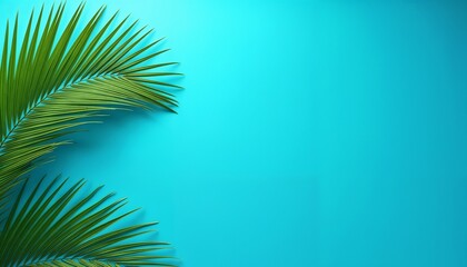 Tropical palm leaves resting against a vibrant blue background in a bright setting