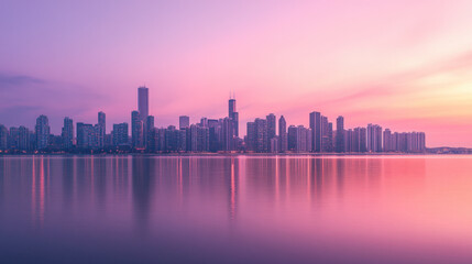 Obraz premium Urban skyline silhouette with tall modern skyscrapers reflecting on calm water du sunset in a vibrant cityscape with colorful sky and peaceful atmosphere