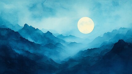 Ethereal watercolor moonlit landscape in cool blue gradients with soft yellow moon glow