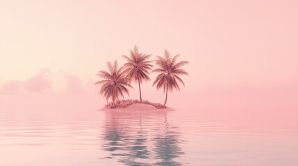 Obraz premium Serene Tropical Island with Three Palm Trees Reflecting on Calm Water Du Pink Sunset with Soft Clouds and Gentle Atmosphere in Nature Scene