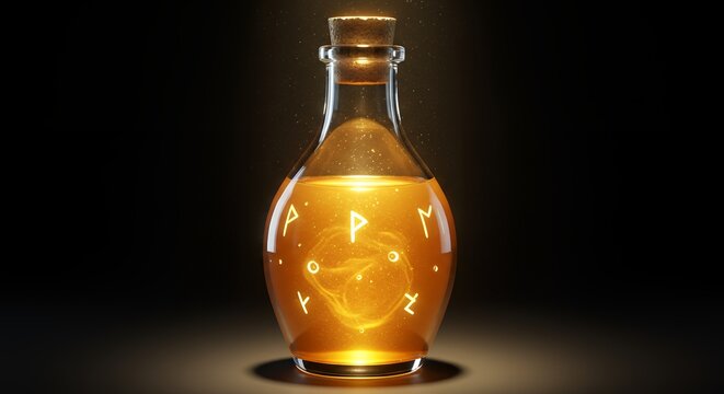 Golden elixir bottle against dark background