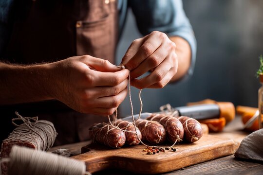 A person carefully ties strings around freshly made sausages displayed on a wooden cutting board. Natural light highlights the craftsmanship and rustic kitchen setting